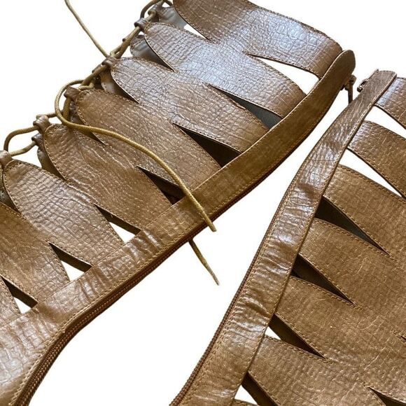 Y2K Shoedazzle Size 6 Faux Leather Tan Brown Strappy Lace Up Disc Heels Boots - Picture 5 of 8